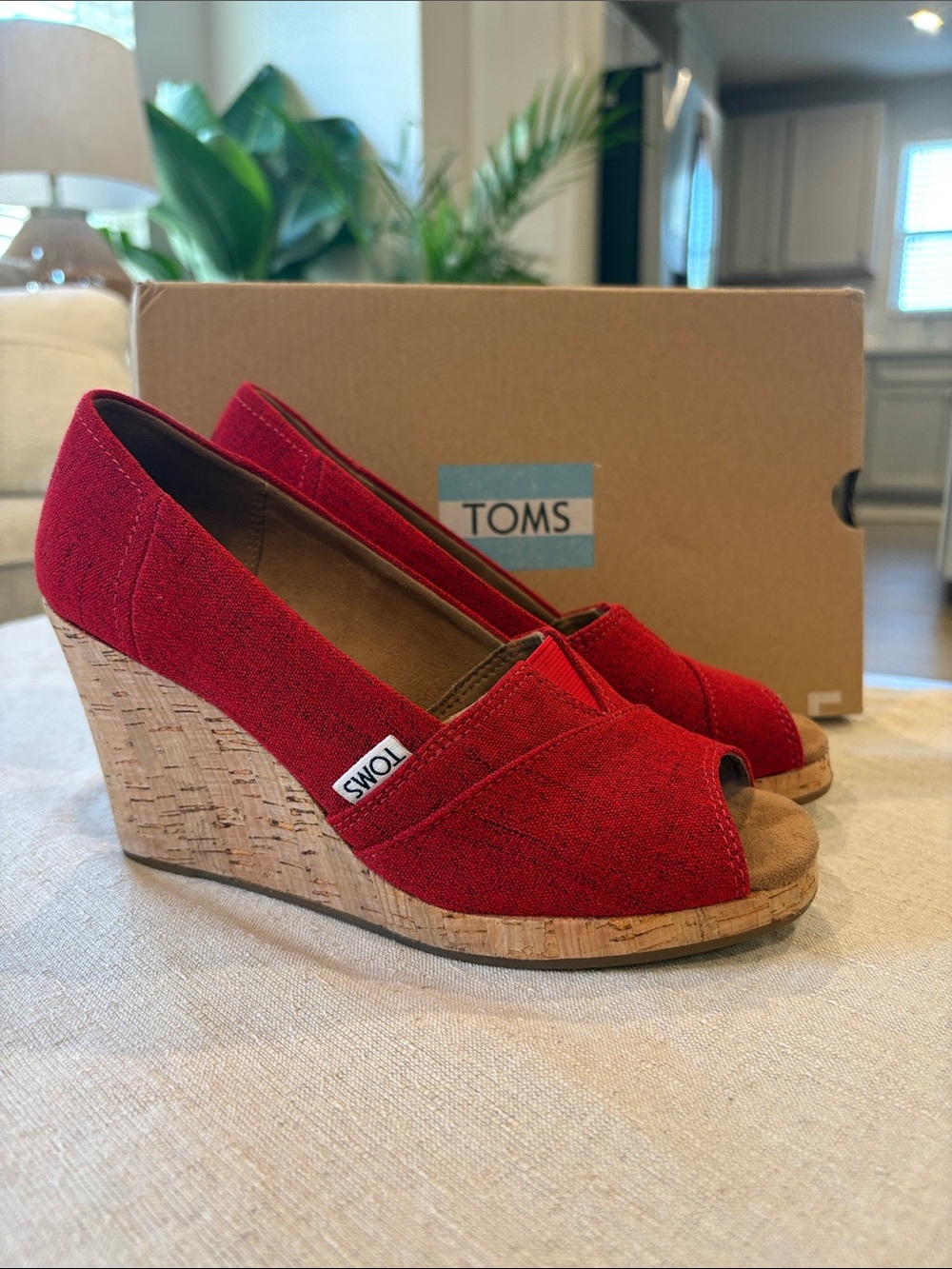 TOMS Red Cork Wedge Peep-Toe Shoes